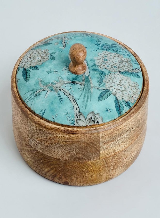 Saaga Mango Wood Chapati Box with Lid | 8 Inch Food-Grade Lacquered | Round Roti Casserole Hot Pot for Kitchen & Table Serving - Marine Blue - Image 4